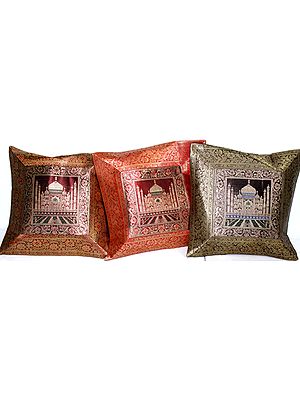 Lot of Three Banarasi Taj Mahal Cushion Covers