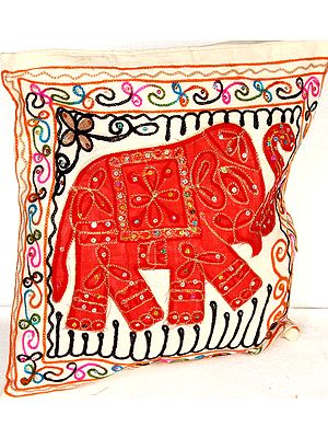 Ivory Cushion Cover with Appliqué Elephant and Embroidery