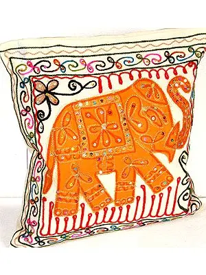 Ivory Cushion Cover with Appliqué Elephant and Embroidery