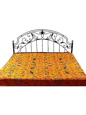 Orange Gujarati Bedspread with All-Over Embroidered Elephants and Parrots