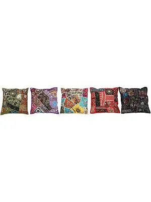 Lot of Five Cushion Covers from Kutch with Embellished Crystals and Sequins