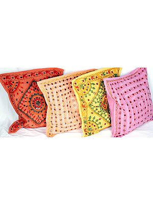 Lot of Four Cushion Covers from Kutch with All-Over Embroidery and Mirrors