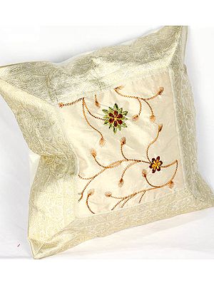 Ivory Cushion Cover with Floral Embroidery and Brocade Border