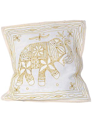 Ivory Cushion Cover with Elephant Embroidered in Golden Thread