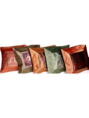 Lot of Five Cushion Covers with Wildlife in Meenakari Weave