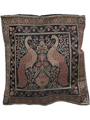 Black Banarasi Brocaded Cushion Cover with Woven Peacocks