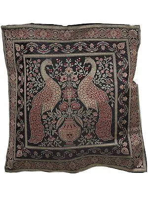 Black Banarasi Brocaded Cushion Cover with Woven Peacocks