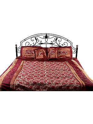 Cerise and Golden Bedcover with All-Over Brocade Weave
