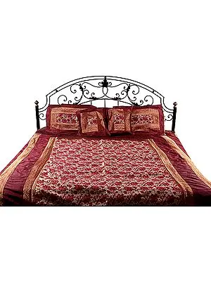 Cerise and Golden Bedcover with All-Over Brocade Weave