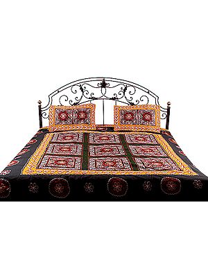 Black Gujarati Bedspread with Hand-Embroidery All-Over