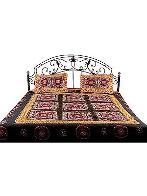 Black Gujarati Bedspread with Hand-Embroidery All-Over