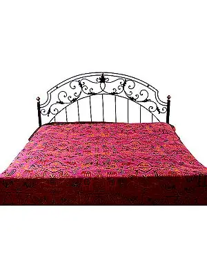 Fuchsia-Rose Gujarati Bedspread with All-Over Embroidered Elephants and Parrots