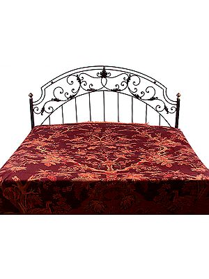 Oxblood-Red Reversible Jamawar Bedspread with Woven Tree of Life