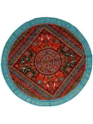Tibetan-Red Round Table Cover from Barmer with Embroidery and Mirrors