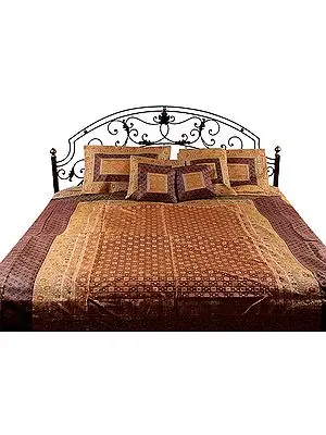 Mustard and Cordovan Seven-Piece Banarasi Bedcover with Brocade Weave