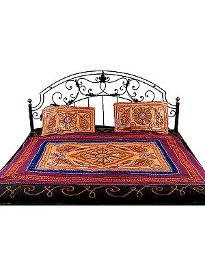 Orange Gujarati Bedspread with All-Over Embroidery and Sequins