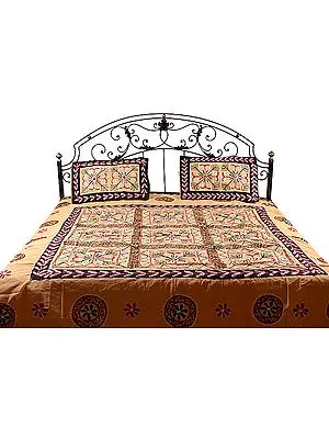 Fawn Gujarati Bedspread with Hand-Embroidery All-Over