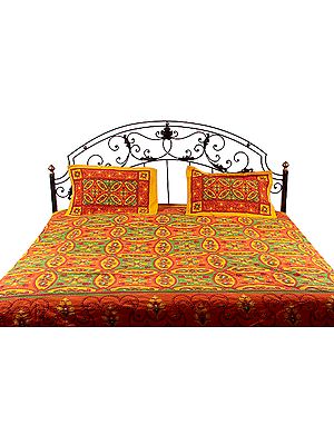 Tri-Color Bock-Printed Kantha Stitch Bedspread