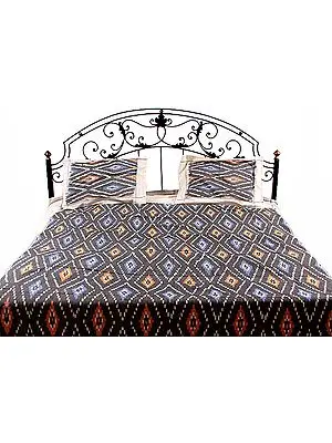 Gray and Ivory Bedspread with Ikat Weave Hand-Woven in Pochampally