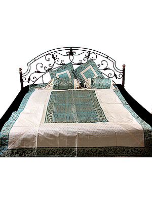 Turquoise and Ivory Five-Piece Single-Bed Banarasi Bedcover with Woven Elephants and Chakras