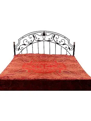 Red Reversible Jamawar Bedspread with Woven Paisleys
