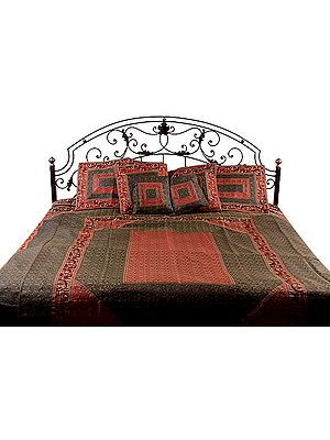 Burgundy and Black Seven-Piece Banarasi Bedcover with Woven Elephants