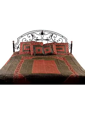 Burgundy and Black Seven-Piece Banarasi Bedcover with Woven Elephants