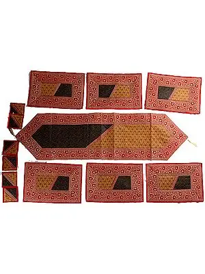 Thirteen Piece Tri-Color Banarasi Dinner Set with Golden Thread Weave and Brocaded Border