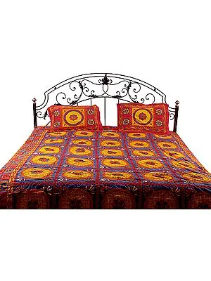 Yellow and Blue Kantha Stitch Bedspread with Hanging Bells