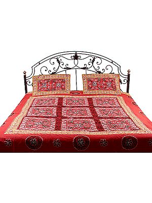 Red Gujarati Bedspread with Hand-Embroidery All-Over