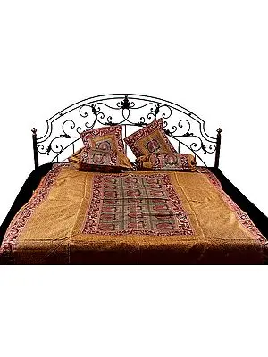 Mustard Five-Piece Single-Bed Banarasi Bedcover with Woven Peacocks