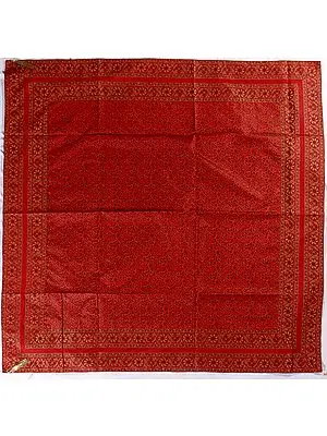 Red Table Cover from Banaras with Woven Leaves All-Over