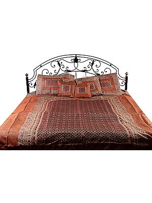 Cordovan and Rust Seven-Piece Banarasi Bedcover with Brocade Weave