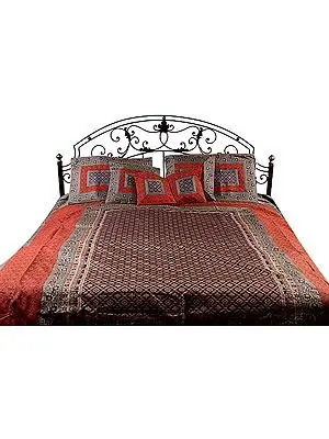 Aurora-Red and Classic Blue Seven-Piece Banarasi Bedcover with Brocade Weave