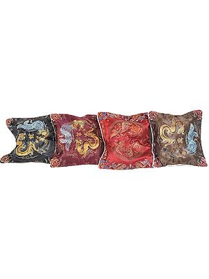 Lot of Four Brocaded Cushion Covers from Sikkim with Woven Chinese Dragons
