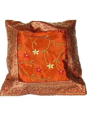 Auburn Brocaded Cushion Cover with Floral Embroidery
