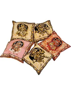 Lot of Five Batik Cushion Covers with Lord Ganesha