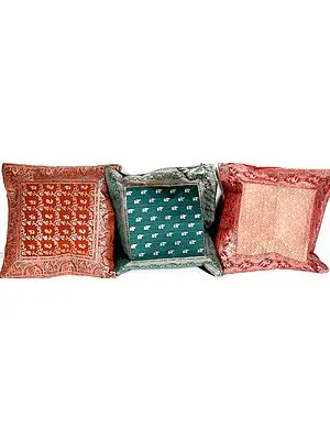 Lot of Three Banarasi Cushion Covers with Elephants and Peacocks