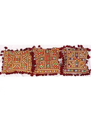 Lot of Three Cushion Covers from Kutch with Heavy-Embroidery and Mirrors