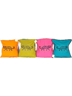 Lot of Four Kantha-embroidered Cushion Covers from Ranthambore with Block-Printed Tigers