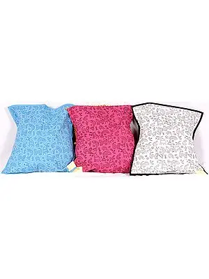 Lot of Three Kantha-embroidered Cushion Covers from Ranthambore with Block-Printed Wildlife All-Over