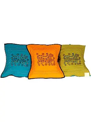 Lot of Three Cushion Covers from Ranthambore with Block-Printed Tiger and Kantha Stitch Embroidery