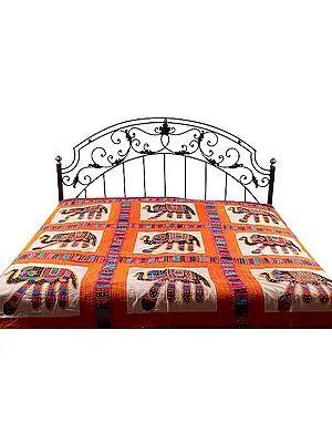 Orange Kutch Embroidered Bedspread with Appliqué Elephants