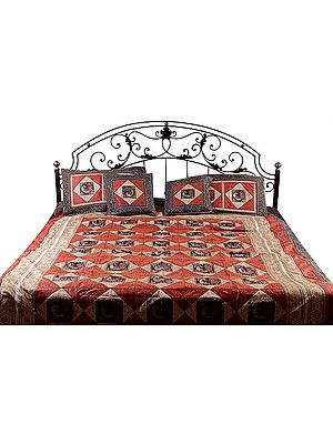 Tri-Color Seven-Piece Banarasi Bedcover with Woven Peacocks