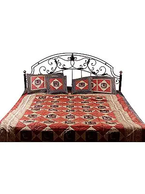 Tri-Color Seven-Piece Banarasi Bedcover with Woven Peacocks