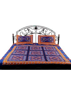 Royal-Blue Gujarati Bedspread with Hand-Embroidery All-Over