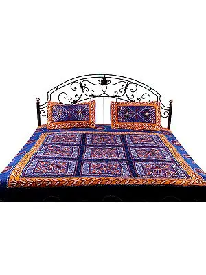 Royal-Blue Gujarati Bedspread with Hand-Embroidery All-Over