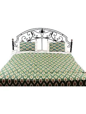 Green Bedspread with Ikat Weave Hand-Woven in Pochampally