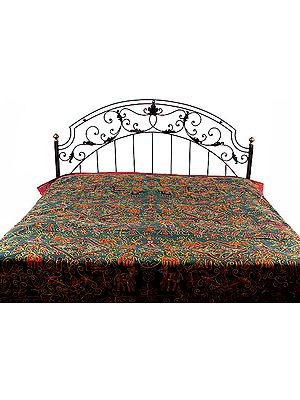 Dark-Green Gujarati Bedspread with All-Over Embroidered Wildlife