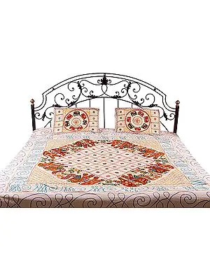 Ivory Gujarati Bedspread with Appliqué Elephants and All-Over Embroidery